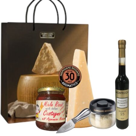 Kit - Parmigiano Reggiano D.O.P. 30 mesi (0,500gr) con busta regalo e formaggiera sottovuoto